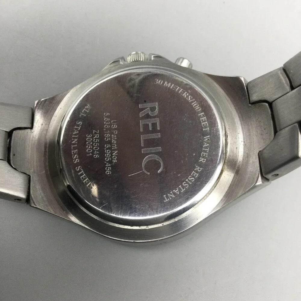 Relic ZR55048 Mens Watch 38mm Blue Circle Animation Stainless New Battery 7.5